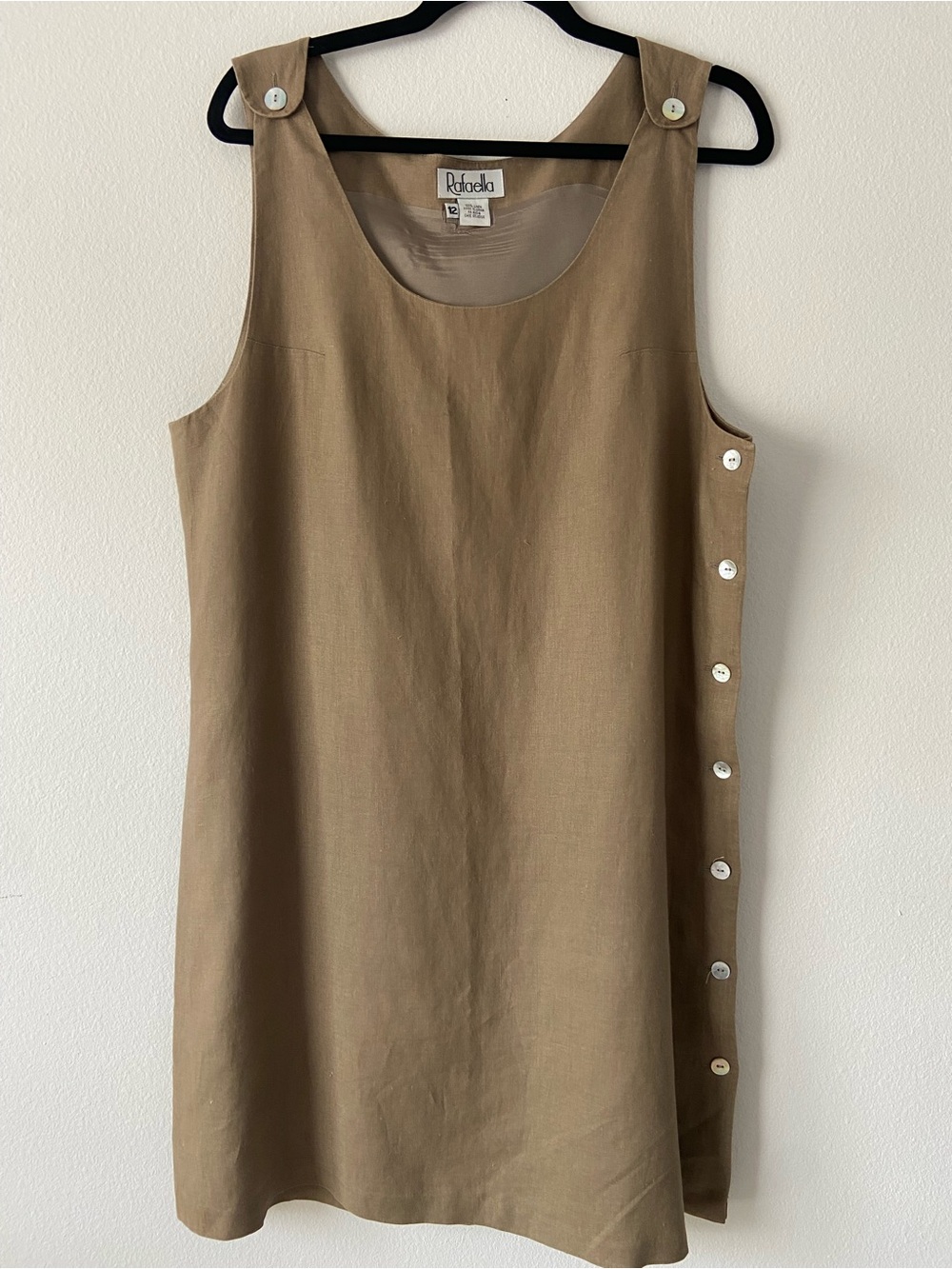 Rafaella 100% Linen Shift Dress Tan Sleeveless Side Button Detail Size 12